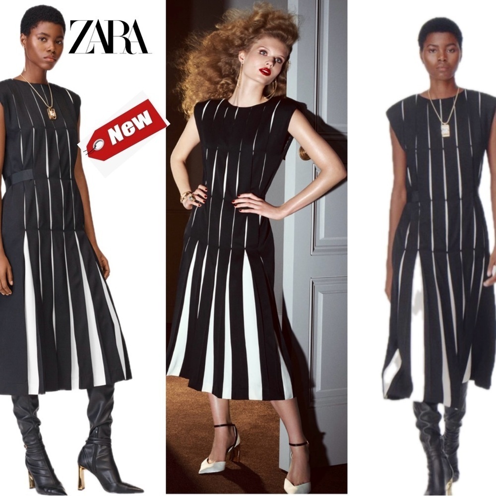 ZARA BLACK WHITE WOOL BLEND BOX PLEAT DRESS SPECIAL LIMITED EDITION Sz M NWT
